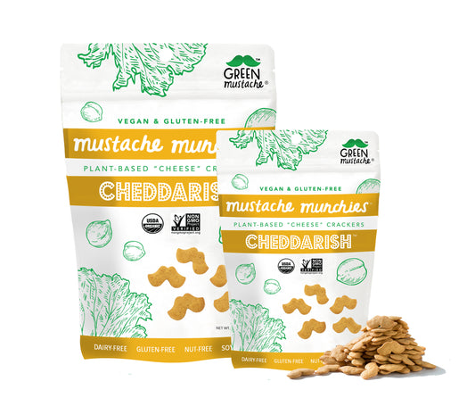 Mustache Munchies "Cheddarish" Crackers, Snacks, Green Mustache, Mustache Munchies, healthy organic vegan gluten-free snack crackers