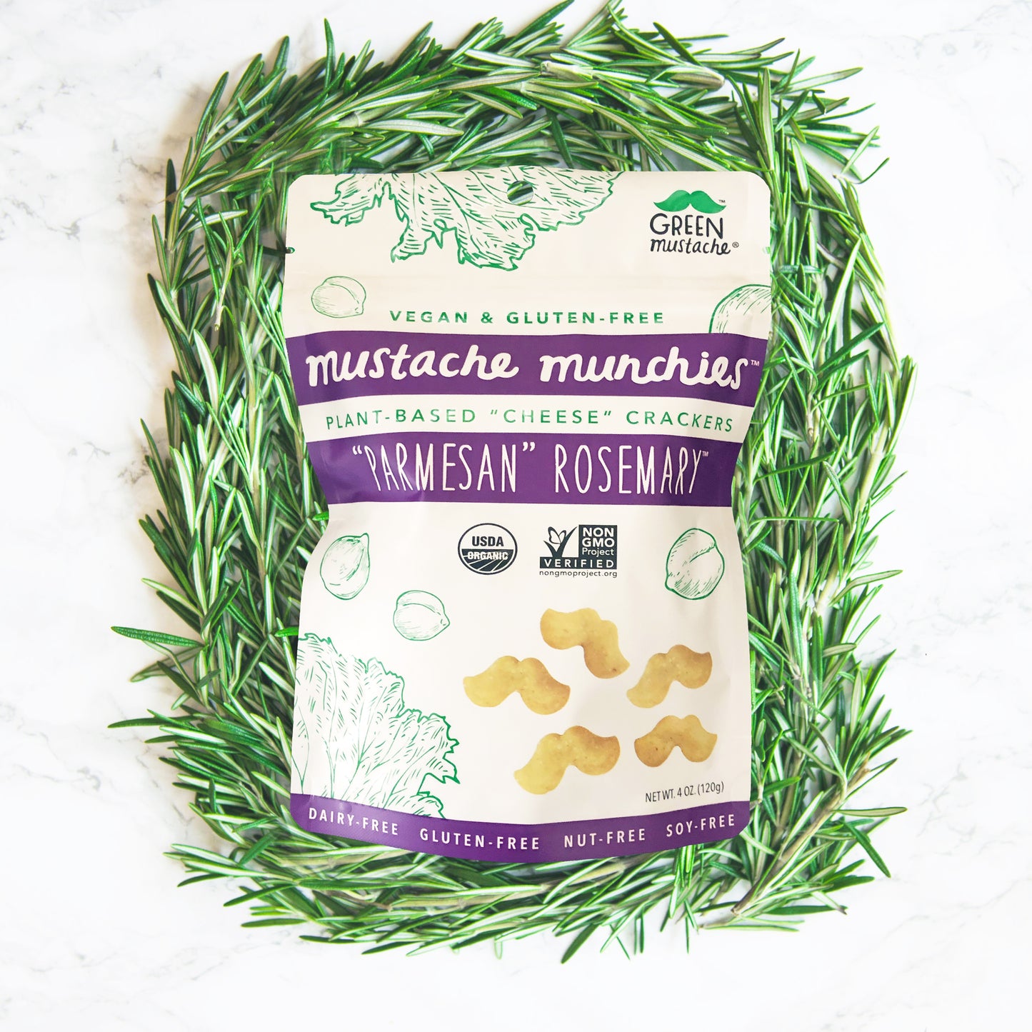 Mustache Munchies "Parmesan Rosemary" Crackers, Snacks, Green Mustache, Mustache Munchies, healthy organic vegan gluten-free snack crackers