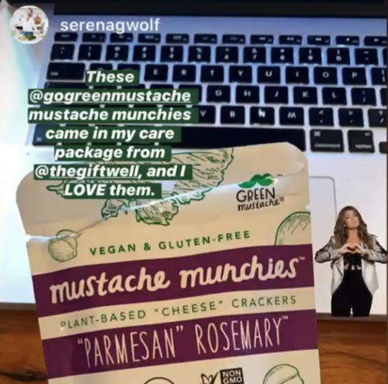 Image of open Parmesan Rosemary bag with customer message These @gogreenmustache mustache munchies came in my care package from @thegiftwell and I love them.