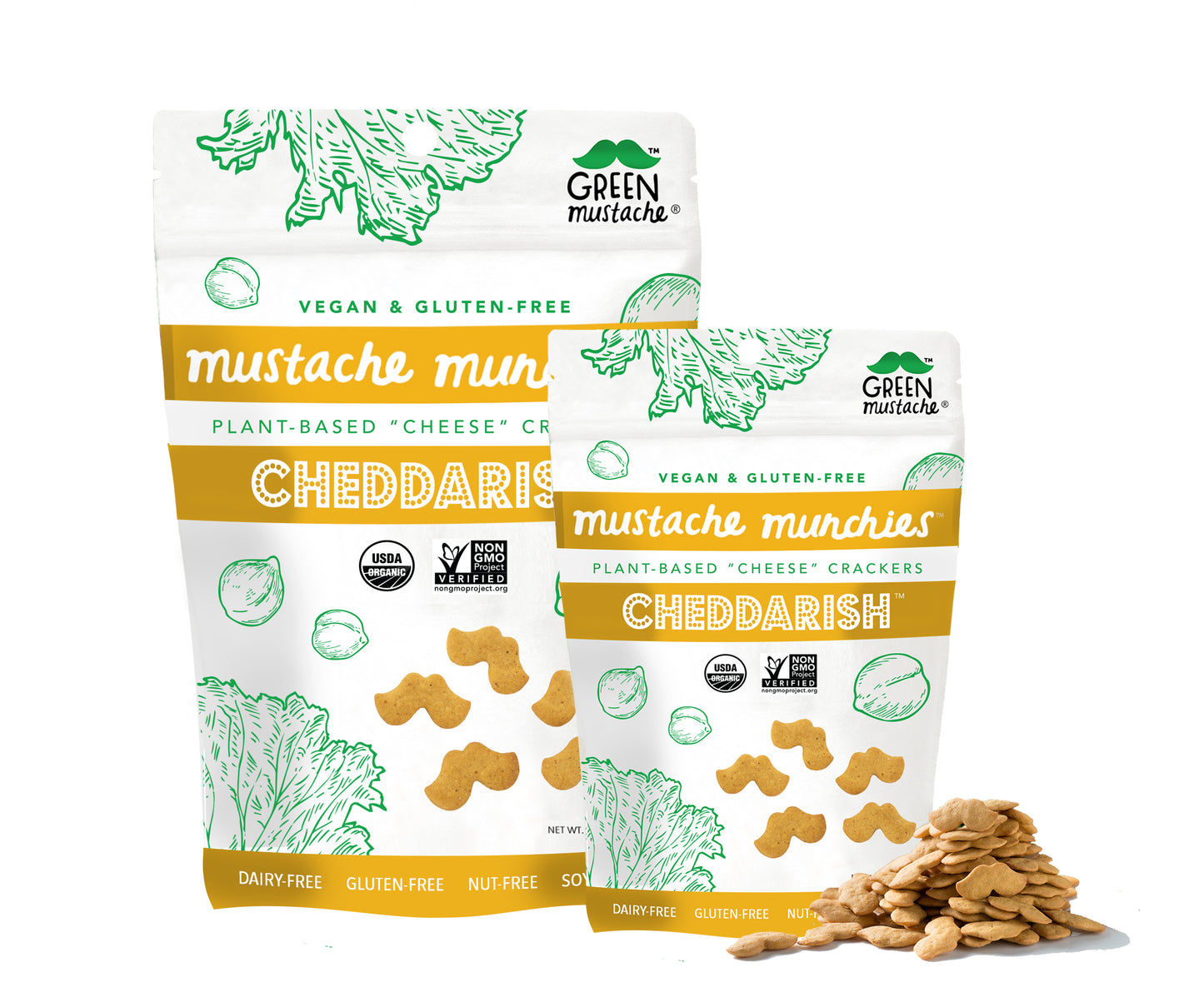 Mustache Munchies "Cheddarish" Crackers, Snacks, Green Mustache, Mustache Munchies, healthy organic vegan gluten-free snack crackers